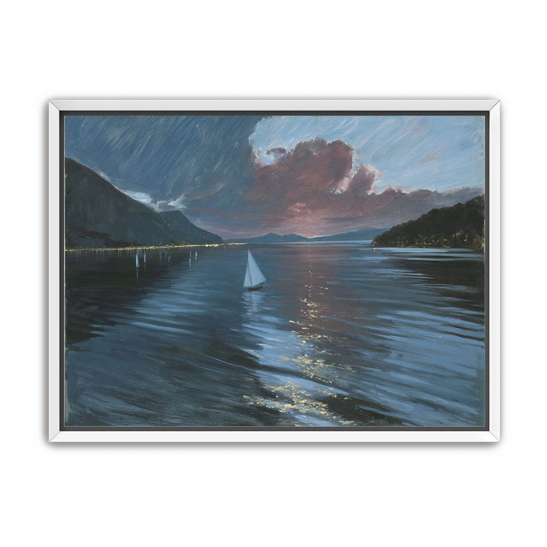 A sailboat beneath storm clouds