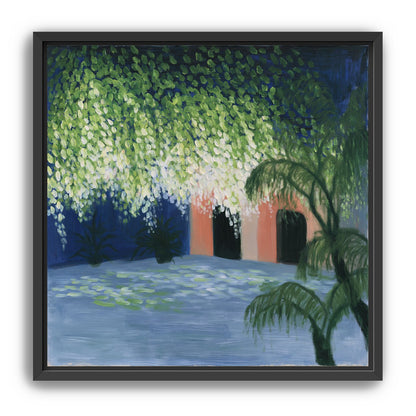 Doorway under falling blossoms