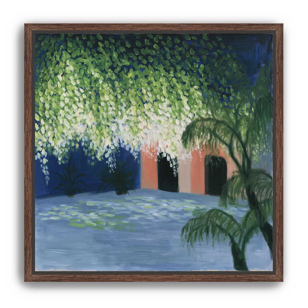 Doorway under falling blossoms