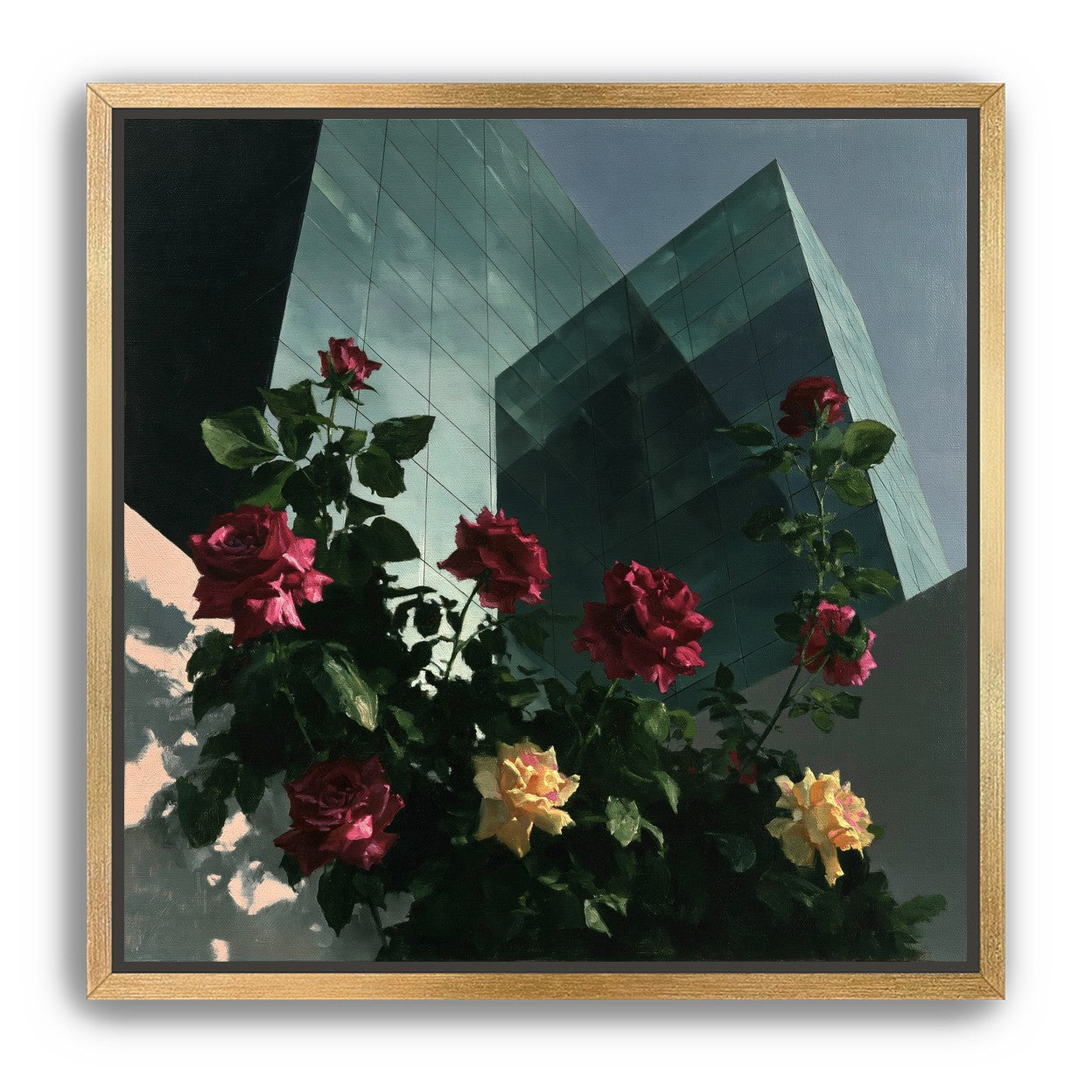 Roses against glass towers