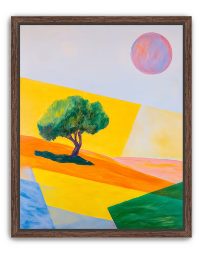 Pink sun over yellow hills