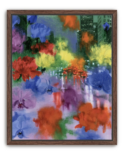 Neon traffic under painted blooms