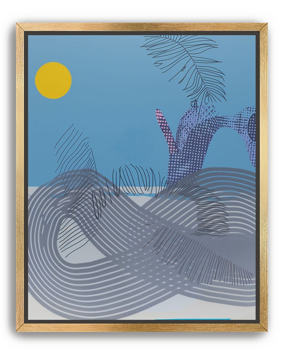 Yellow sun over striped hills