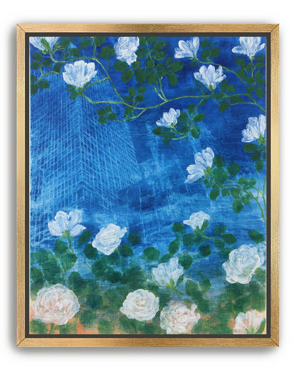 White blossoms on cobalt blue