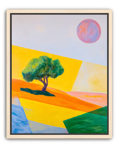 Pink sun over yellow hills