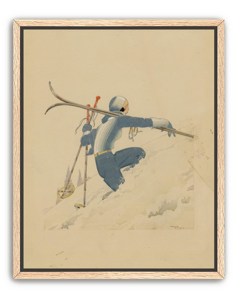 Blue skier in pale snow