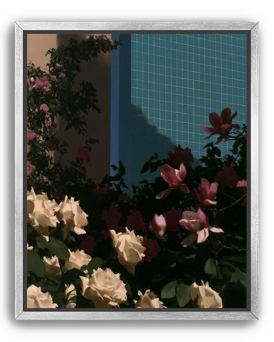 Flowers beneath the tiled wall