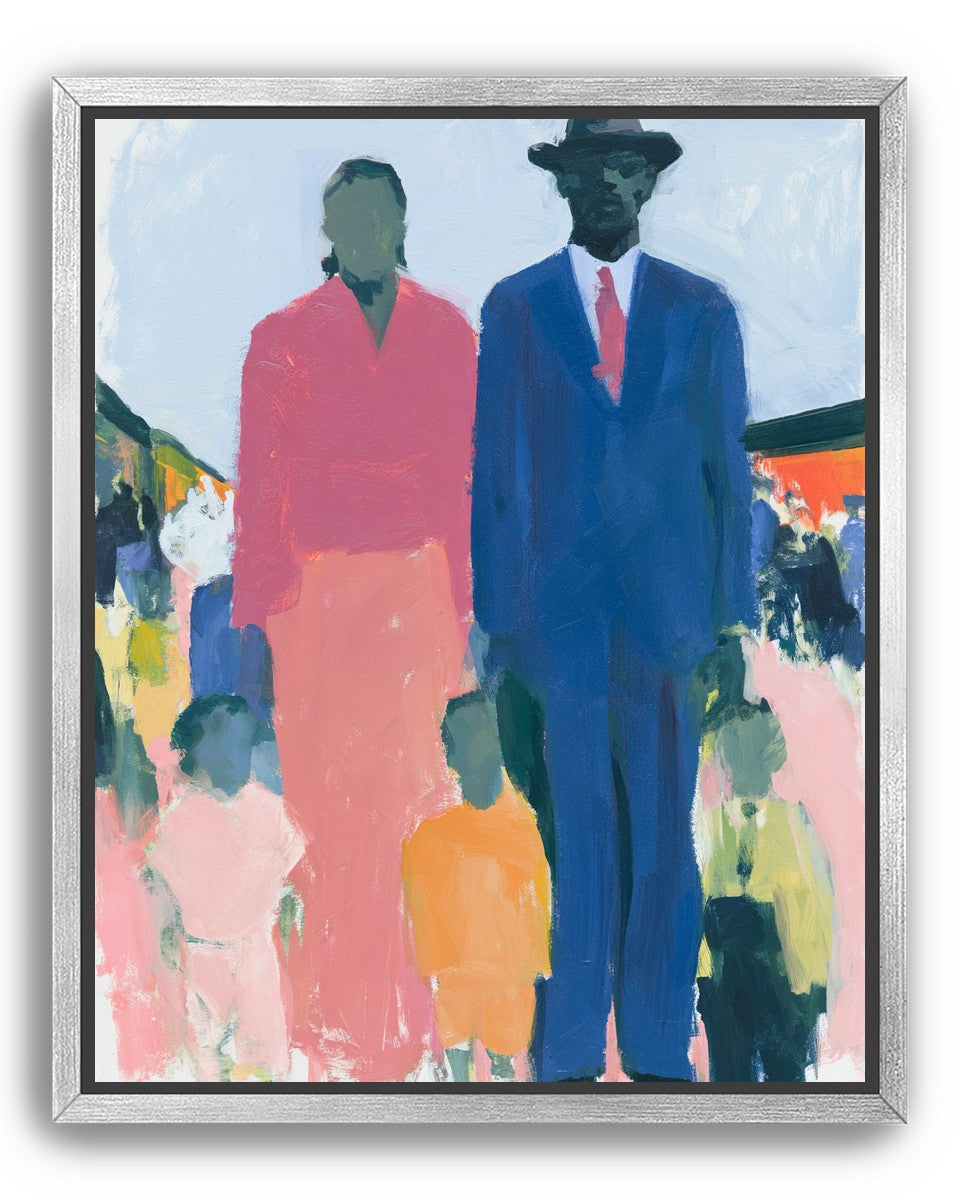 Blue suit beside coral dress