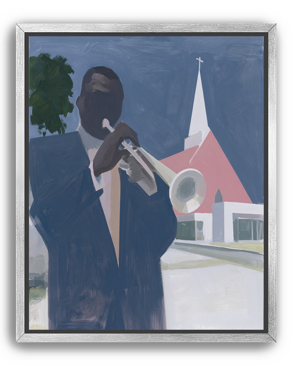 Blue sky over pink church