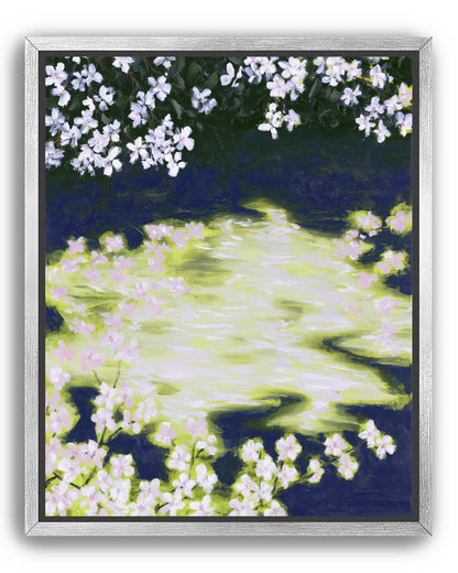 Petals crossing the bright water