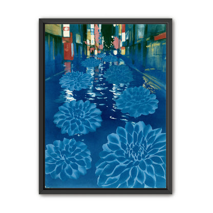 Neon spills into blue floodwater