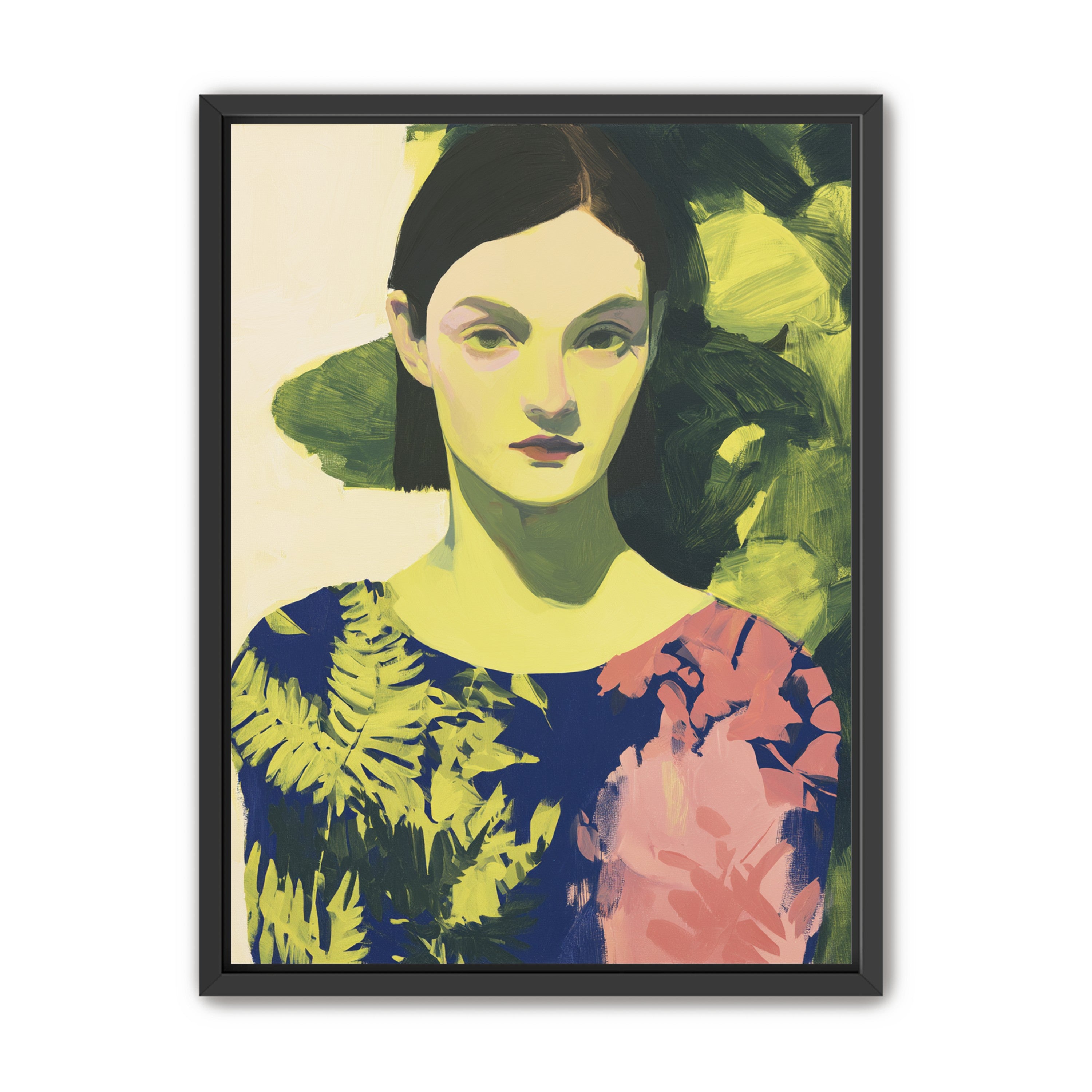 Green leaves behind her portrait