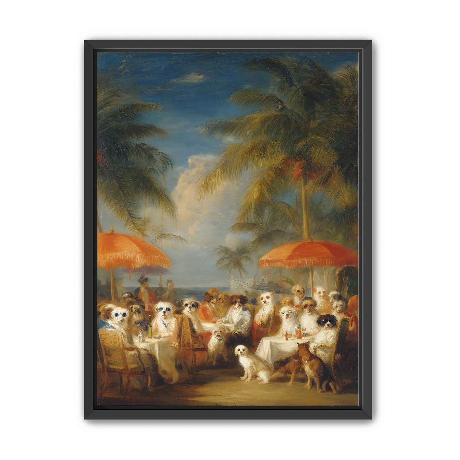 Dogs at seaside tables