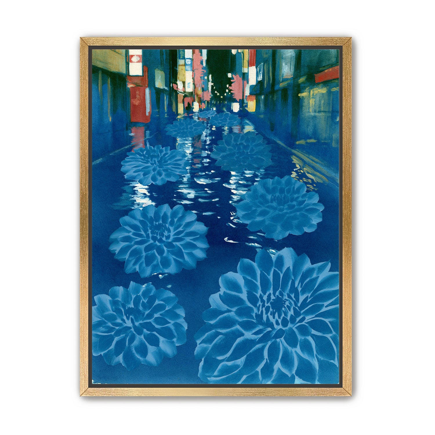 Neon spills into blue floodwater