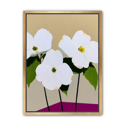 Three white flowers above purple
