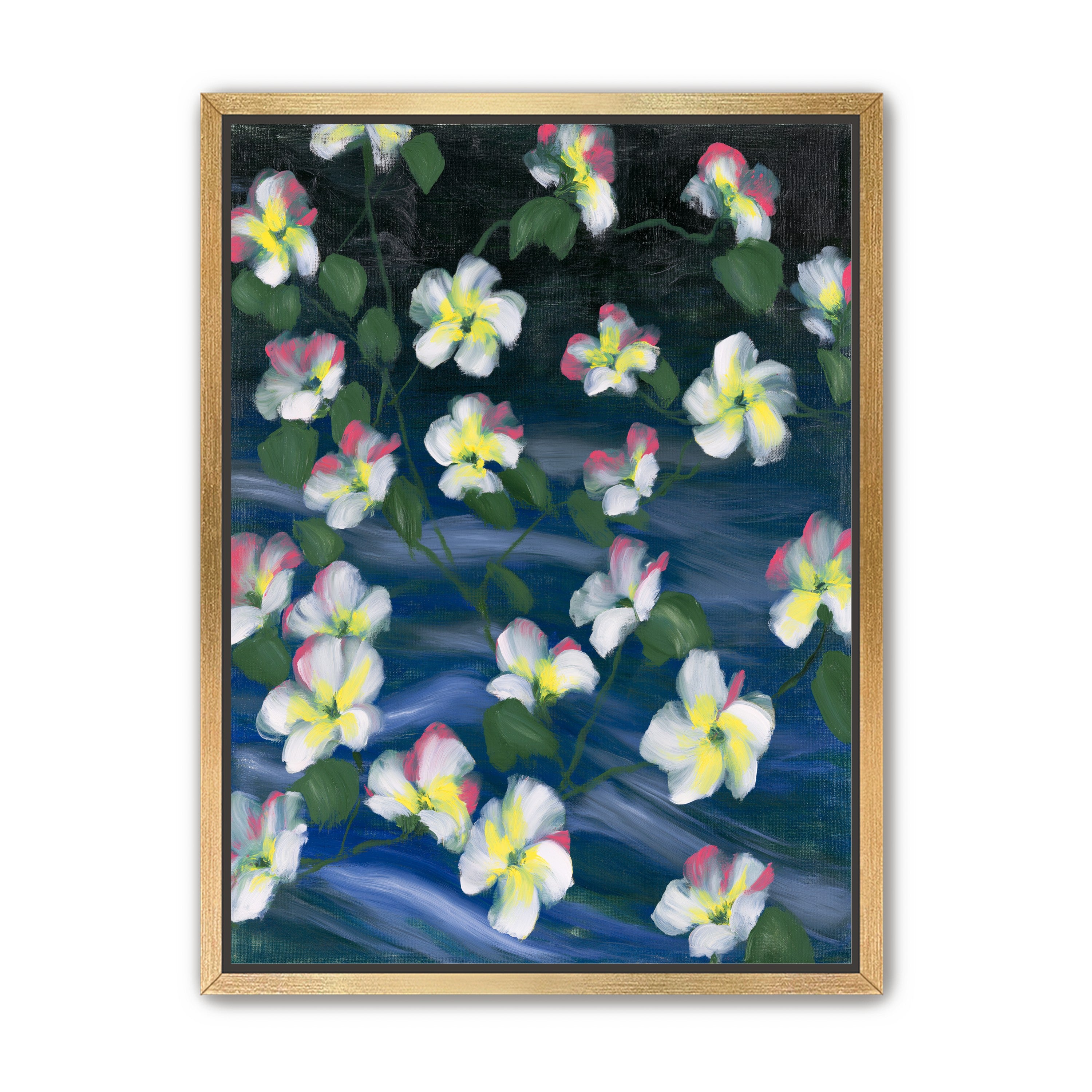 White flowers across deep blue