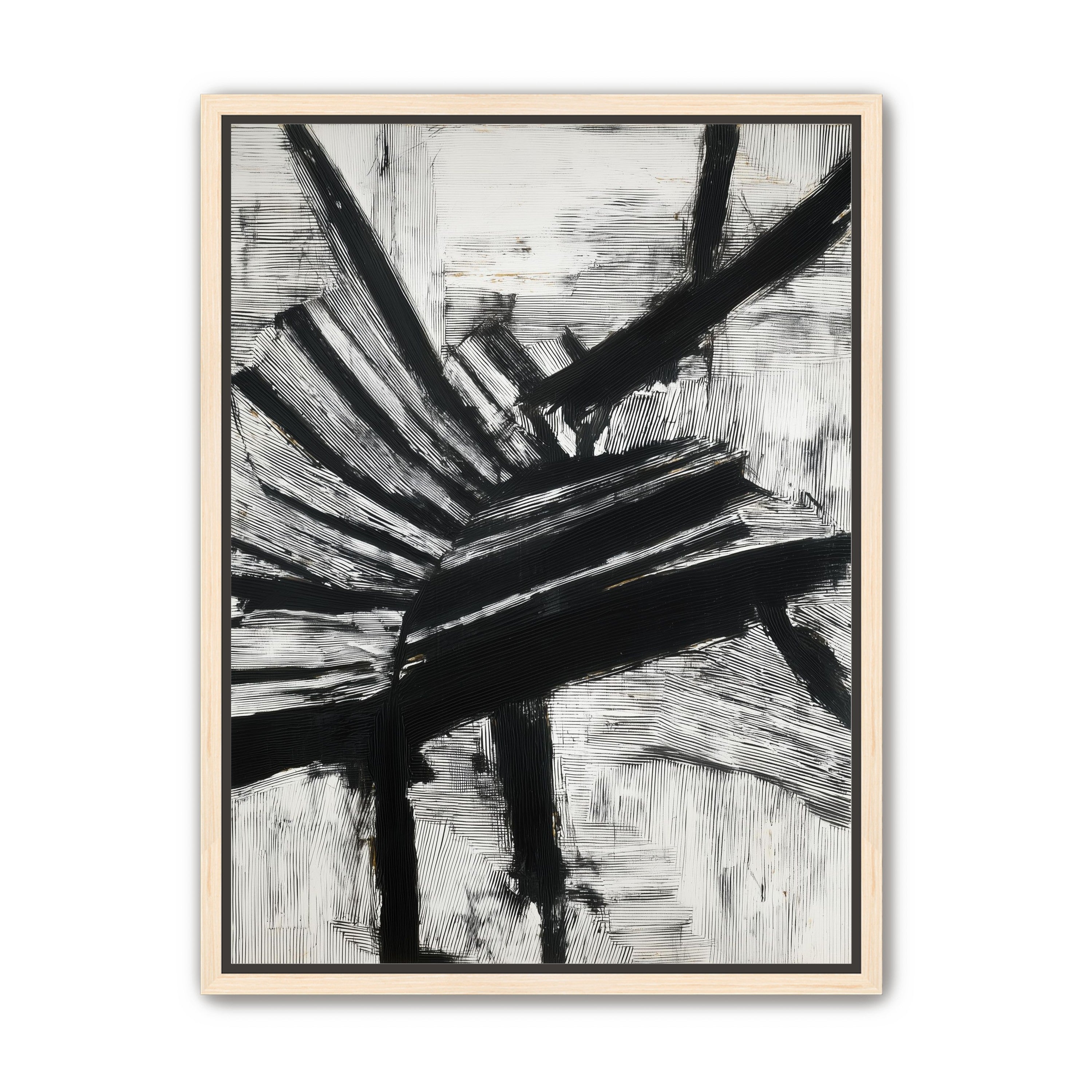 Non-Representational: Thick black brushstrokes cross and stack over a white surface filled with fine scratched lines.