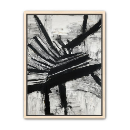 Non-Representational: Thick black brushstrokes cross and stack over a white surface filled with fine scratched lines.