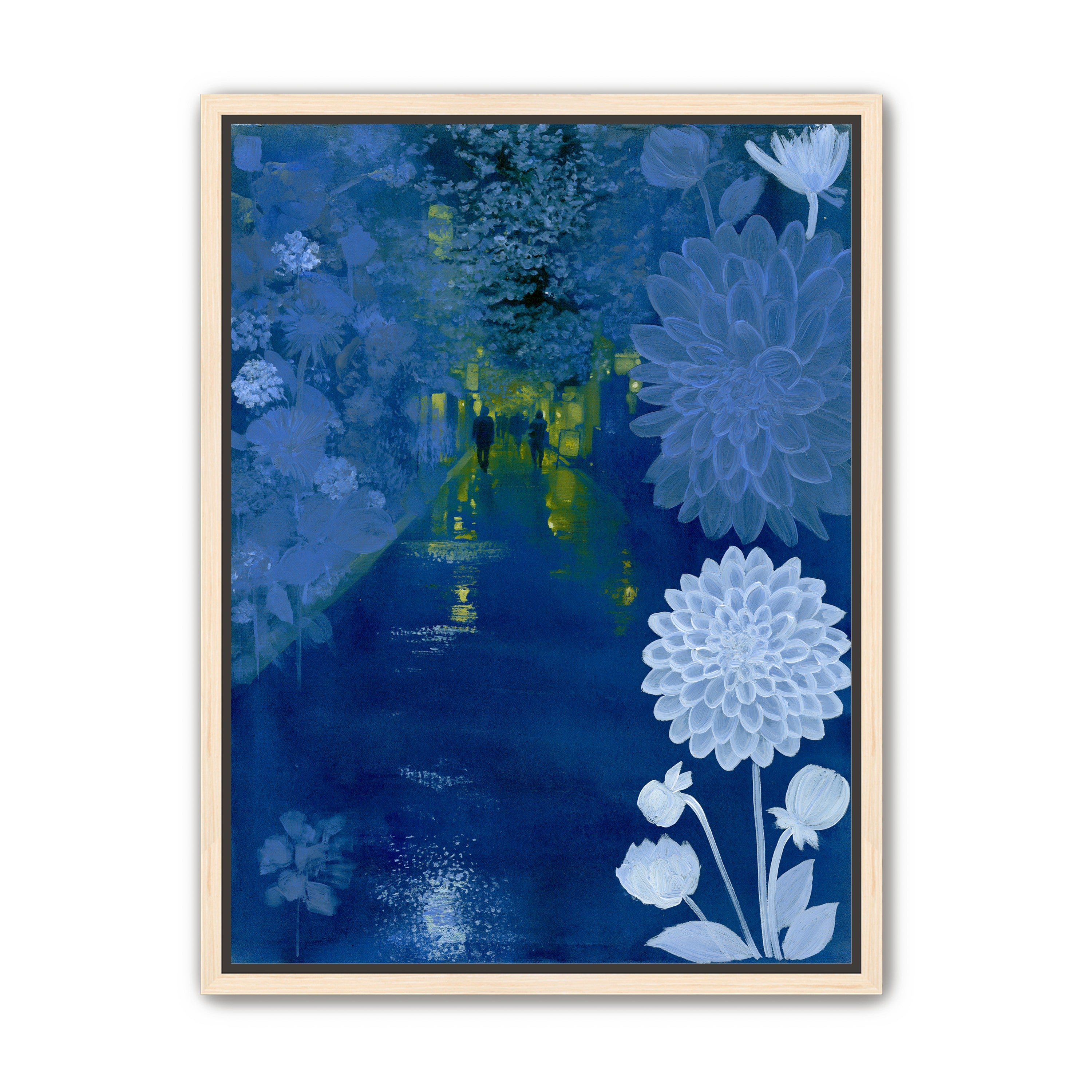 Two walkers under giant flowers