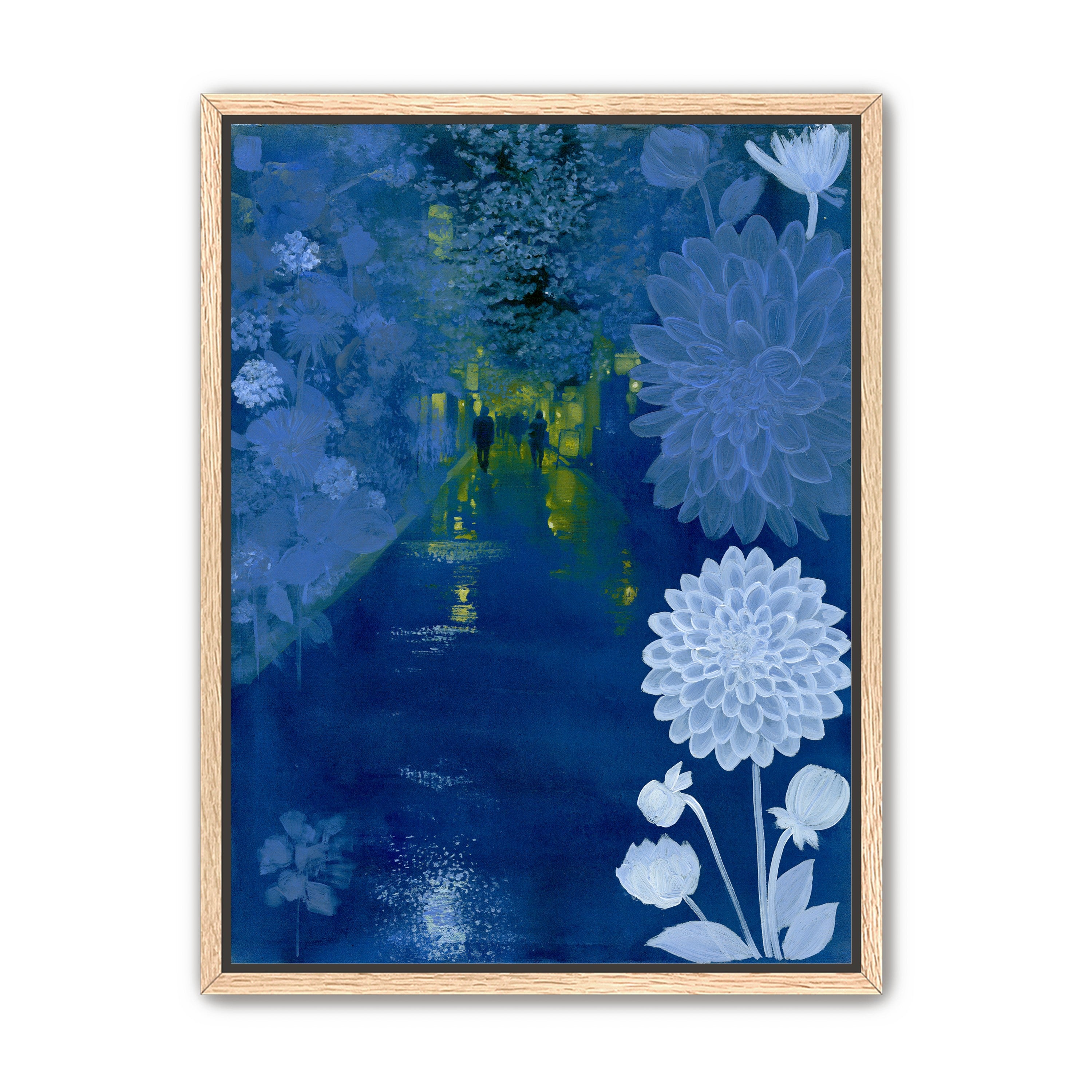 Two walkers under giant flowers