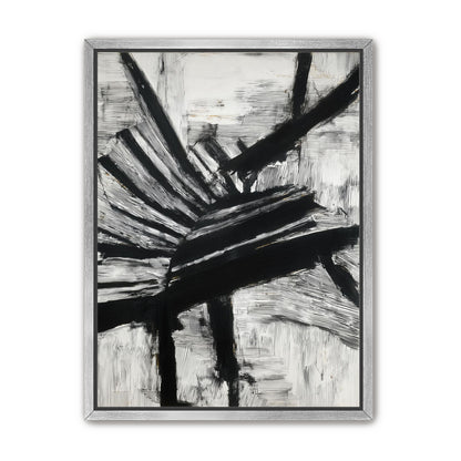 Non-Representational: Thick black brushstrokes cross and stack over a white surface filled with fine scratched lines.