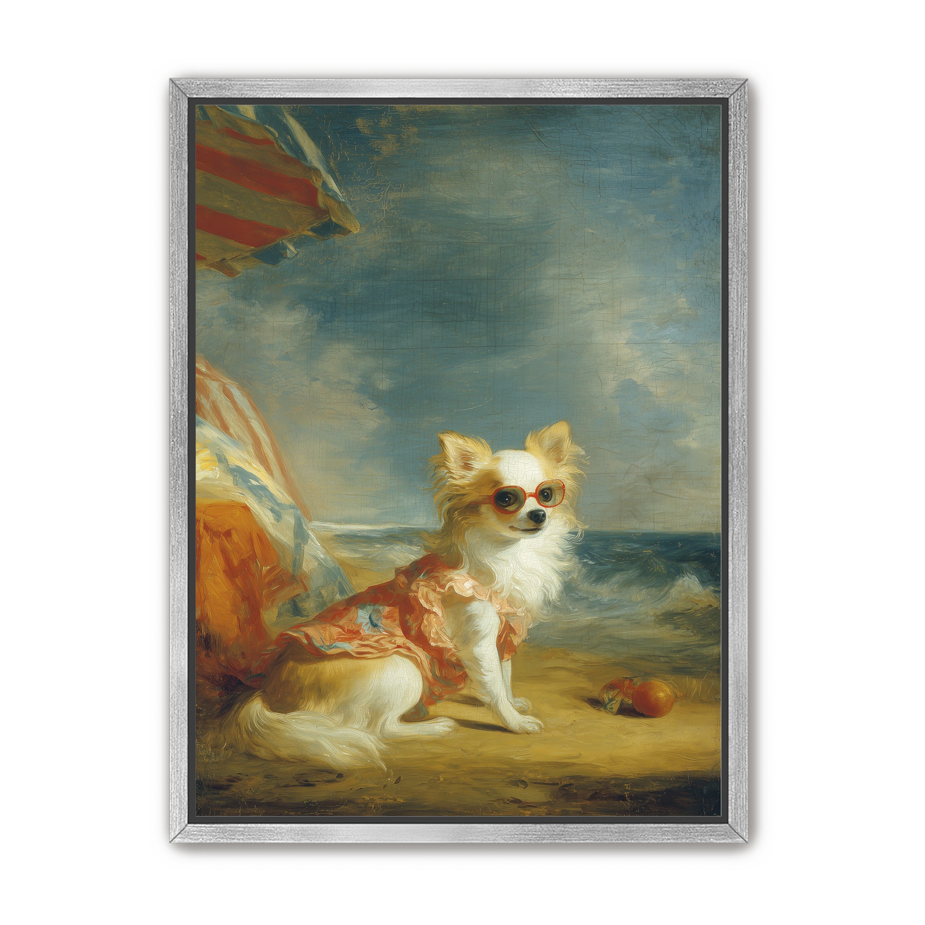 Seaside dog in red sunglasses