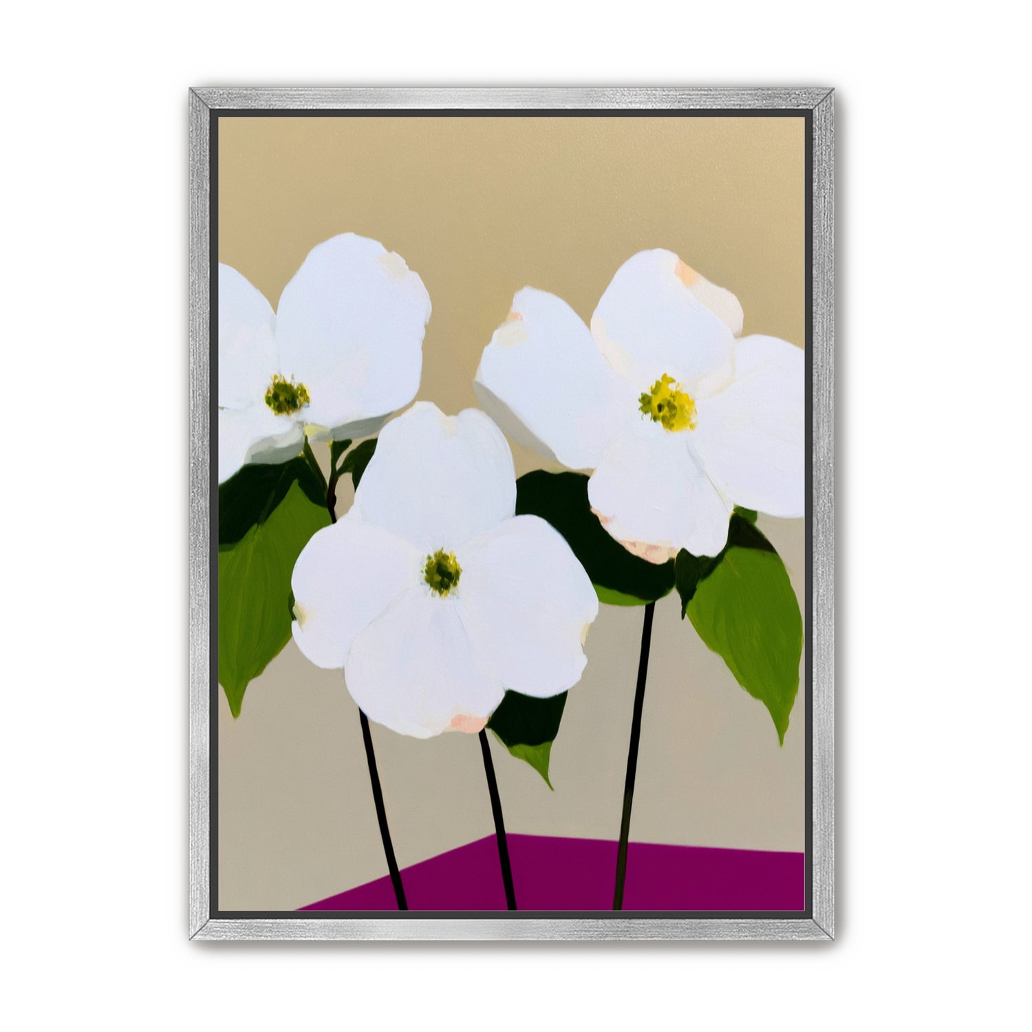 Three white flowers above purple
