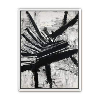 Non-Representational: Thick black brushstrokes cross and stack over a white surface filled with fine scratched lines.