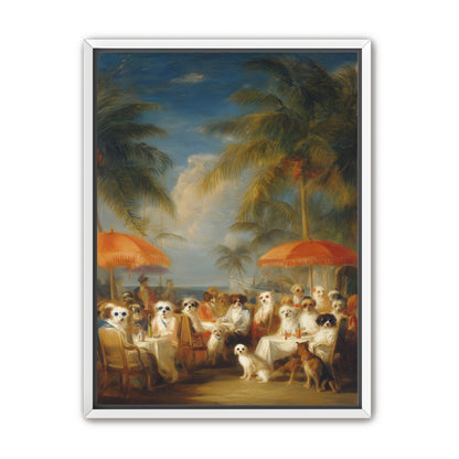 Dogs at seaside tables