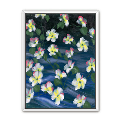 White flowers across deep blue