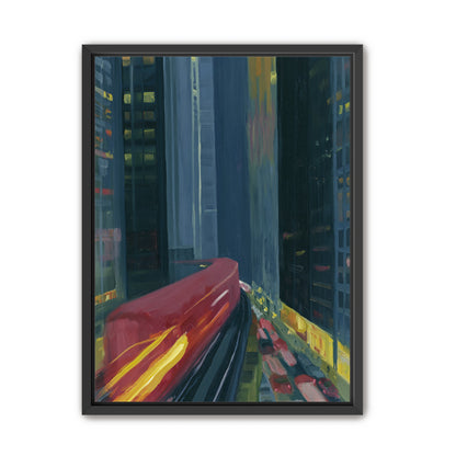 Red train in blue towers