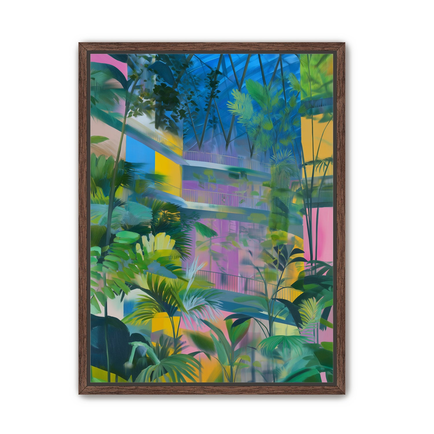 Blue roof over pink atrium