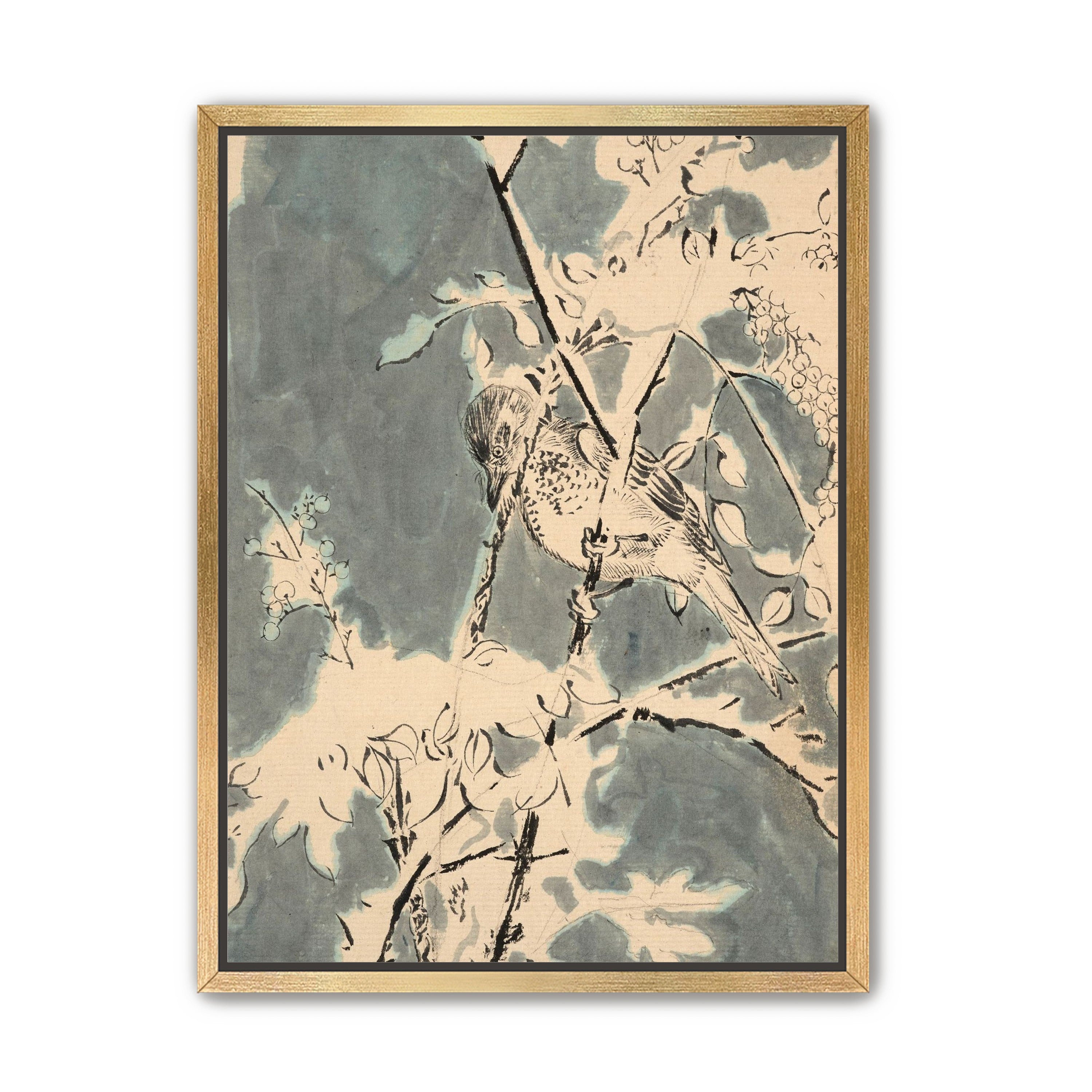 Quiet bird in berry branches