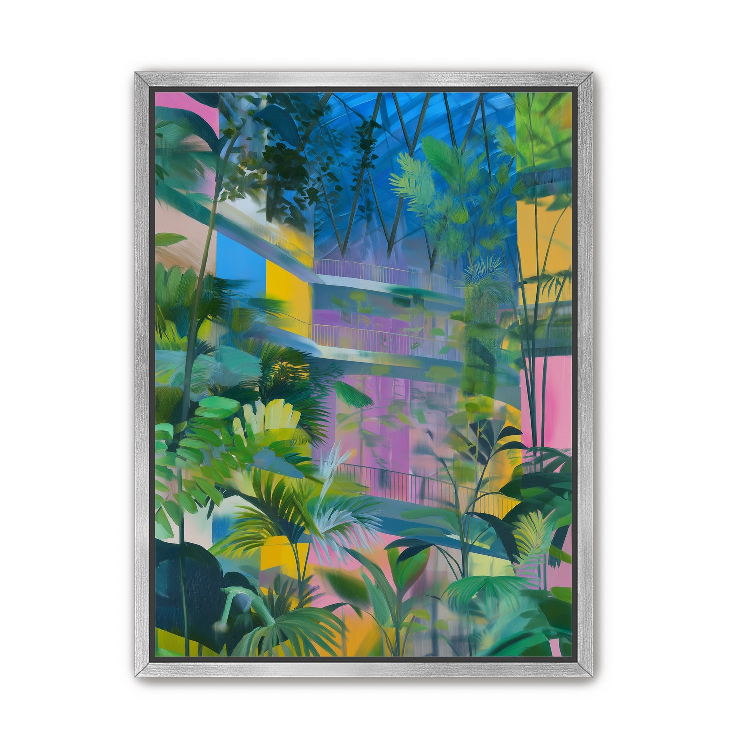 Blue roof over pink atrium