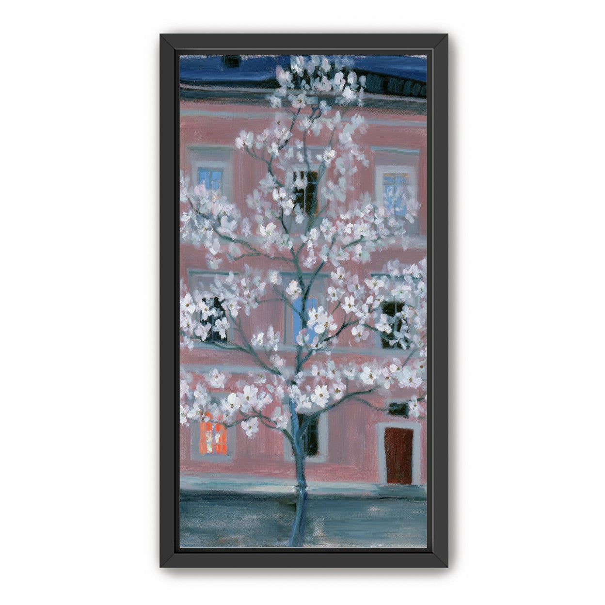 White blossoms against the pink house