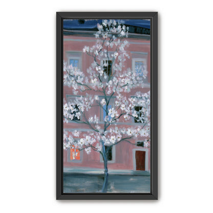 White blossoms against the pink house