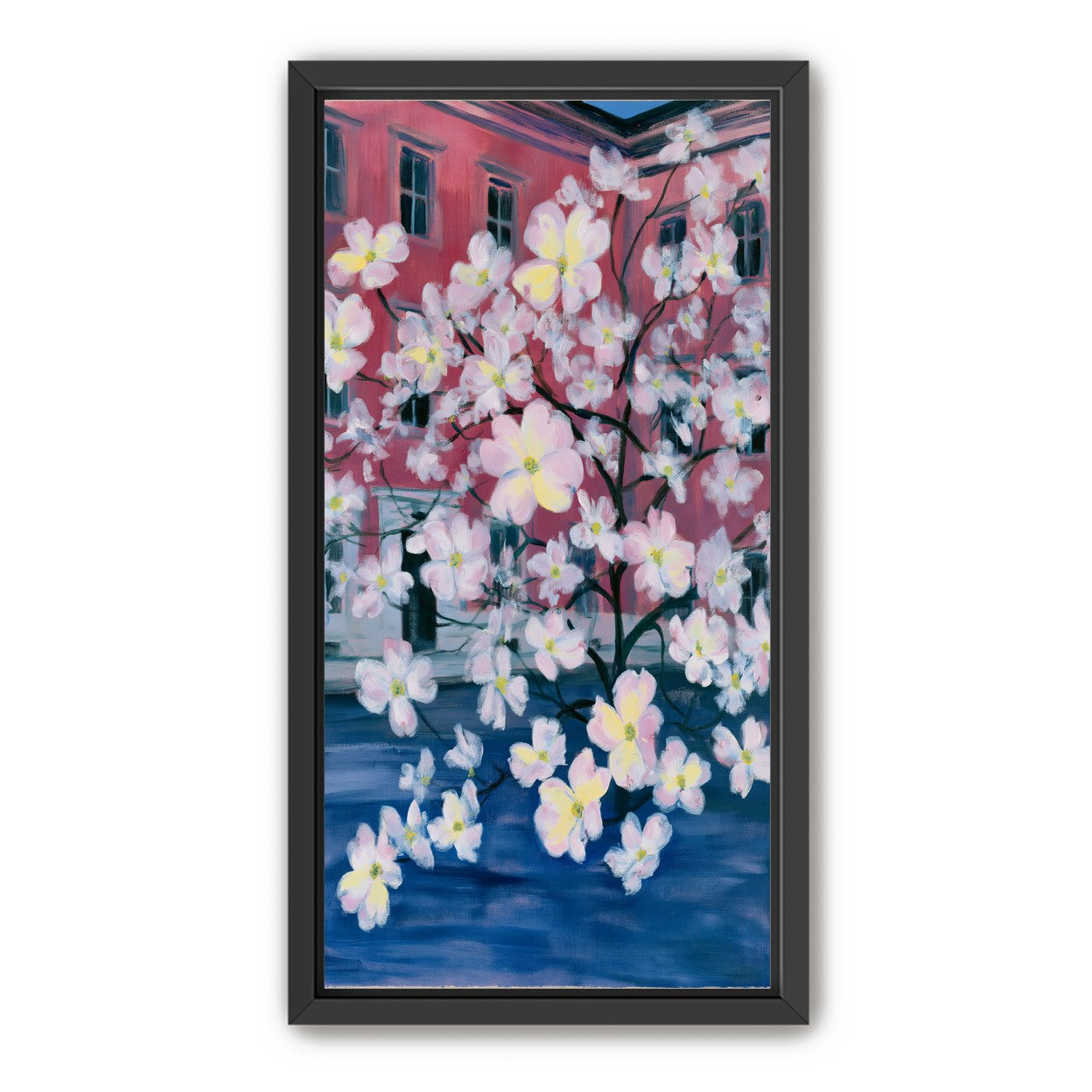 Blossoms across red windows