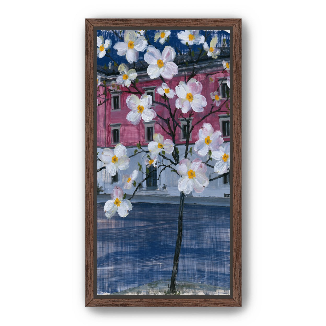 White blossoms over the pink house