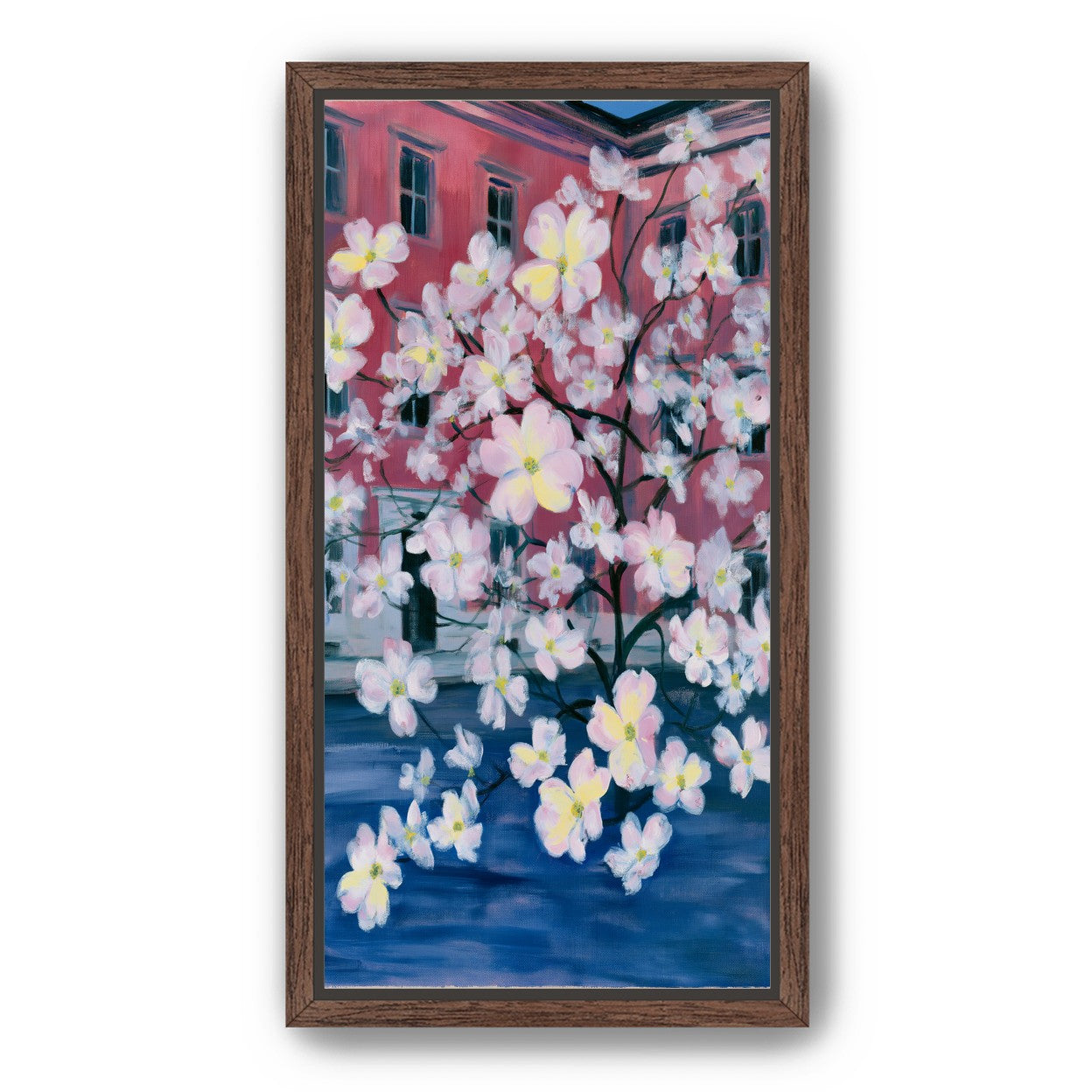 Blossoms across red windows