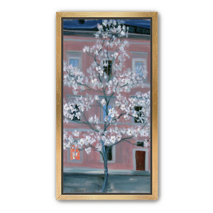 White blossoms against the pink house
