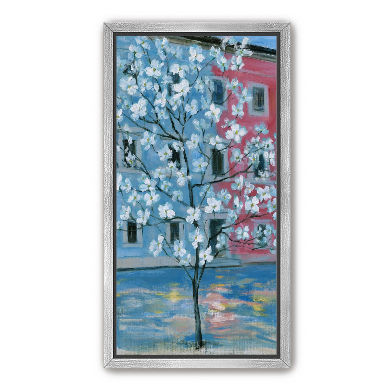 White blossoms across blue and pink