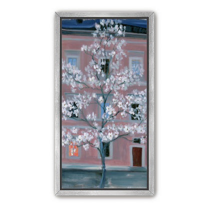 White blossoms against the pink house