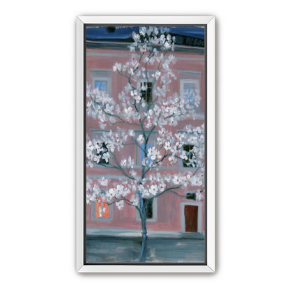 White blossoms against the pink house