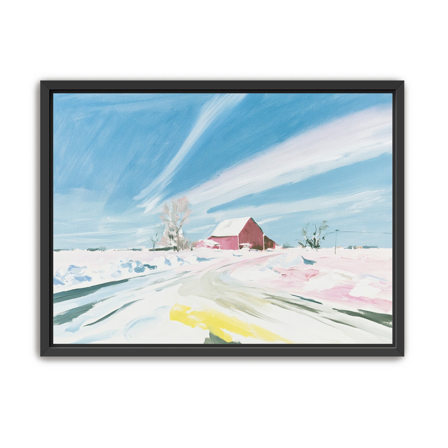 White sky over red barn