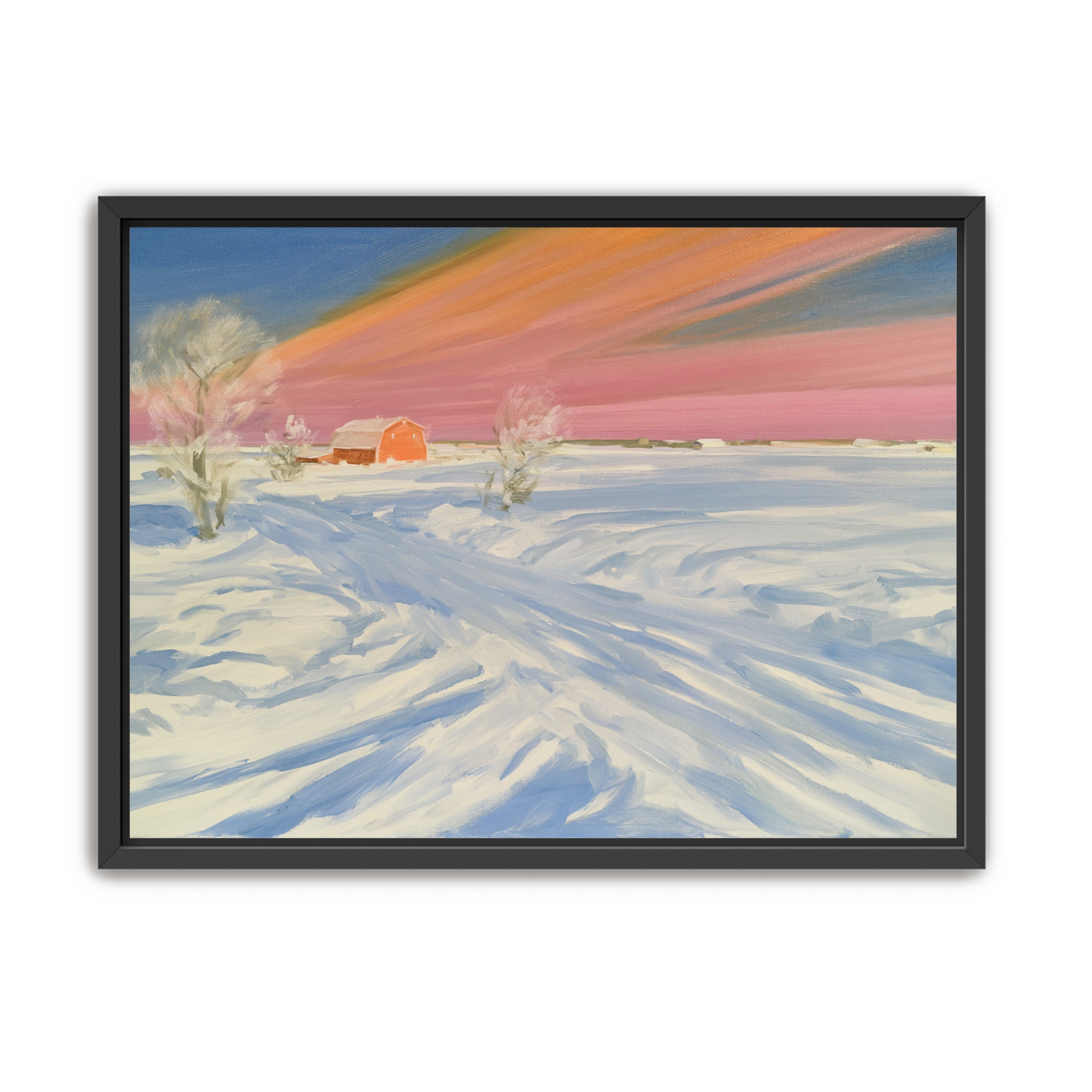 Pink sky over the red barn