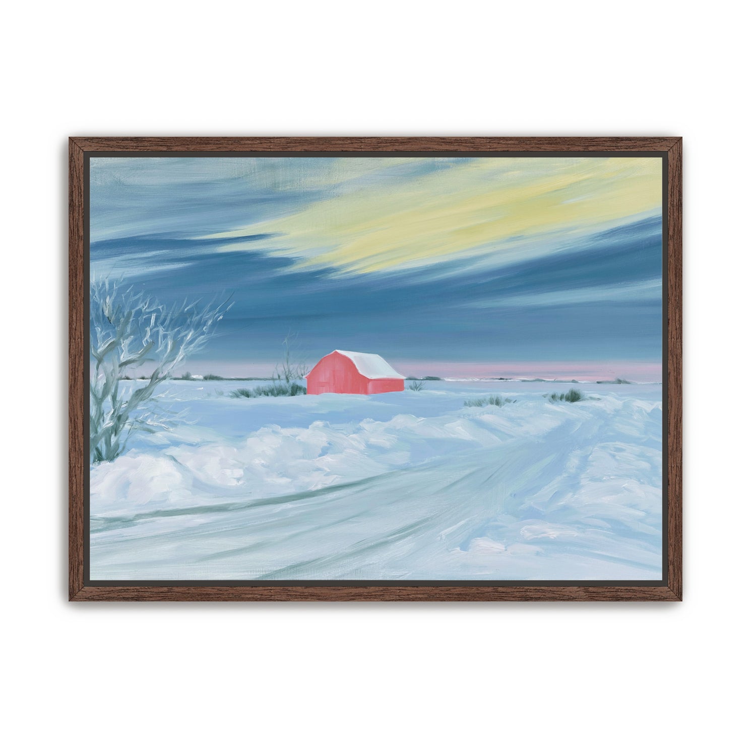 Red barn beneath winter sky