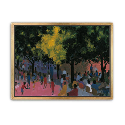Children playing under trees