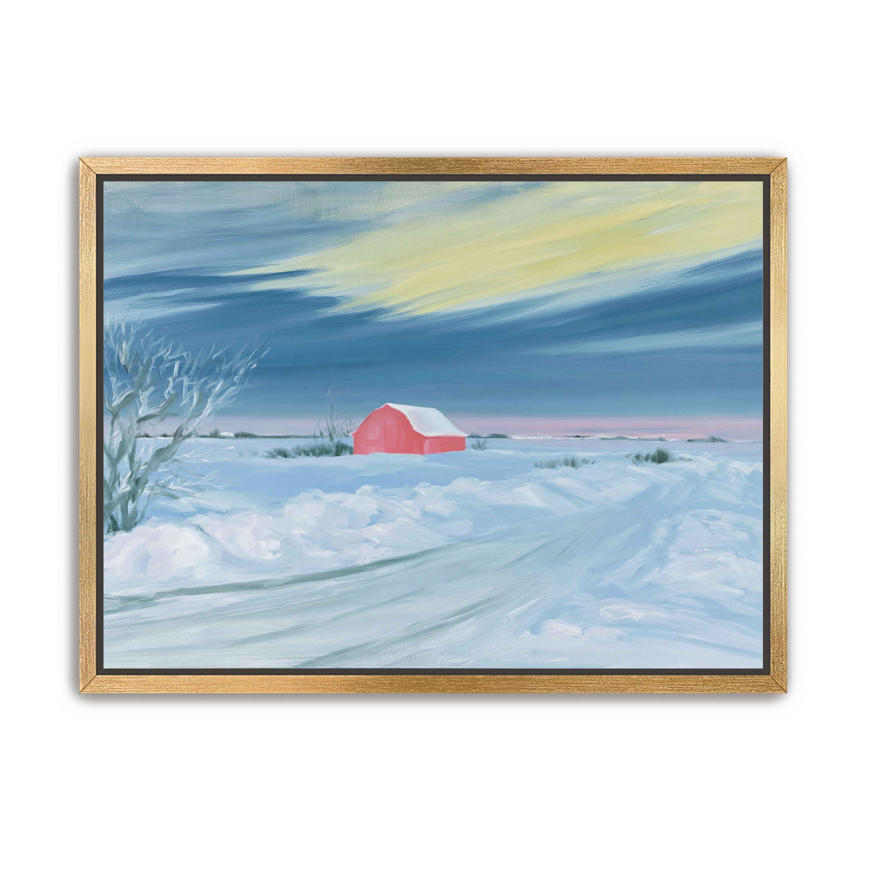 Red barn beneath winter sky