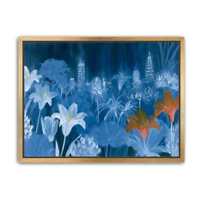 City lights behind lilies