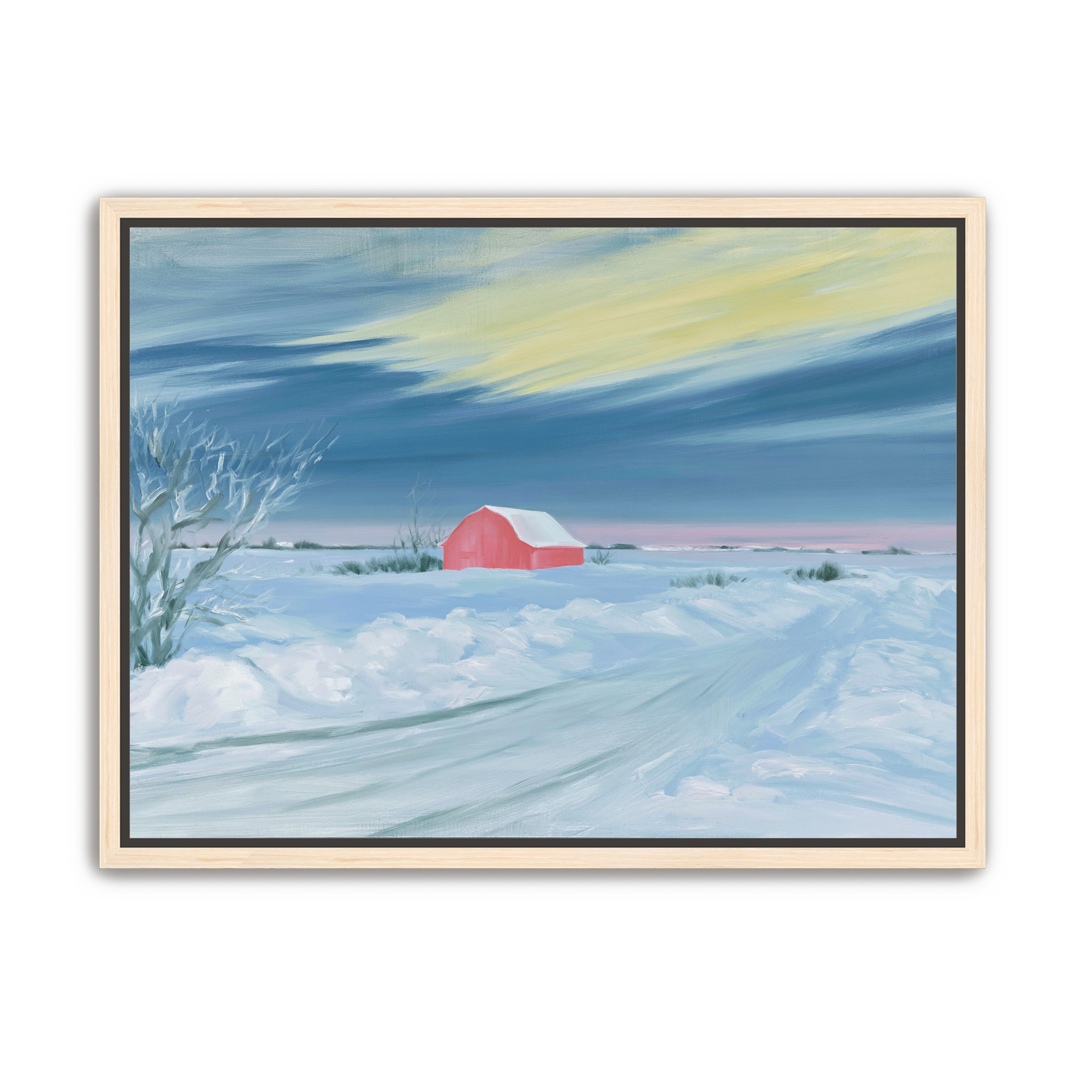 Red barn beneath winter sky
